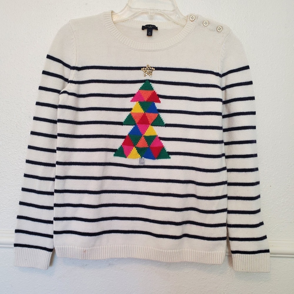 Talbots Petites SP Christmas Tree Sweater Striped Button Shoulder Lambswool